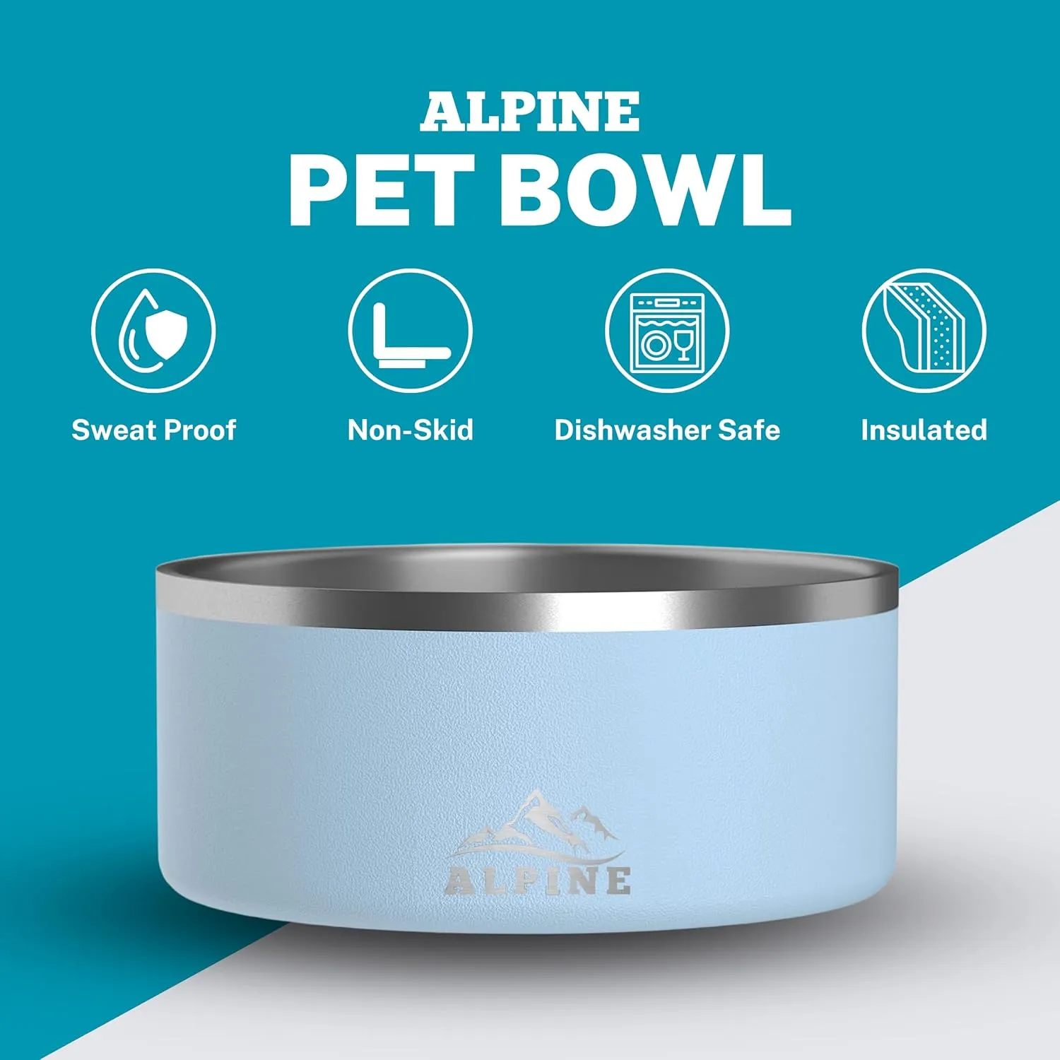 ALPINE Set of 2 Stainless Steel Dog Bowls, Non Slip, Metal Pet Bowl for Food and Water, Double Walled Insulated, Rustproof, Dishwasher Safe (32 oz, Sky Blue)