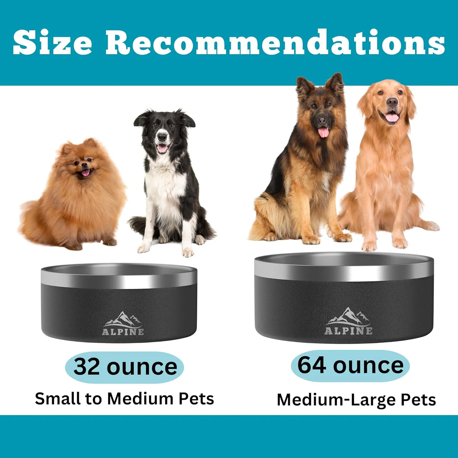 ALPINE Set of 2 Stainless Steel Dog Bowls, Non Slip, Metal Pet Bowl for Food and Water, Double Walled Insulated, Rustproof, Dishwasher Safe (32 oz, Sky Blue)
