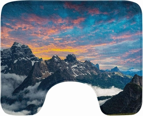 Ambesonne Mountain Toilet Mat, Alpine Scenery Foggy Italian Natural Park Vivid Sky Above Clouds Photography, Water-Resistant Quick Drying U-Shaped Contour Bathroom Rug, 20" x 16", Black White Blue
