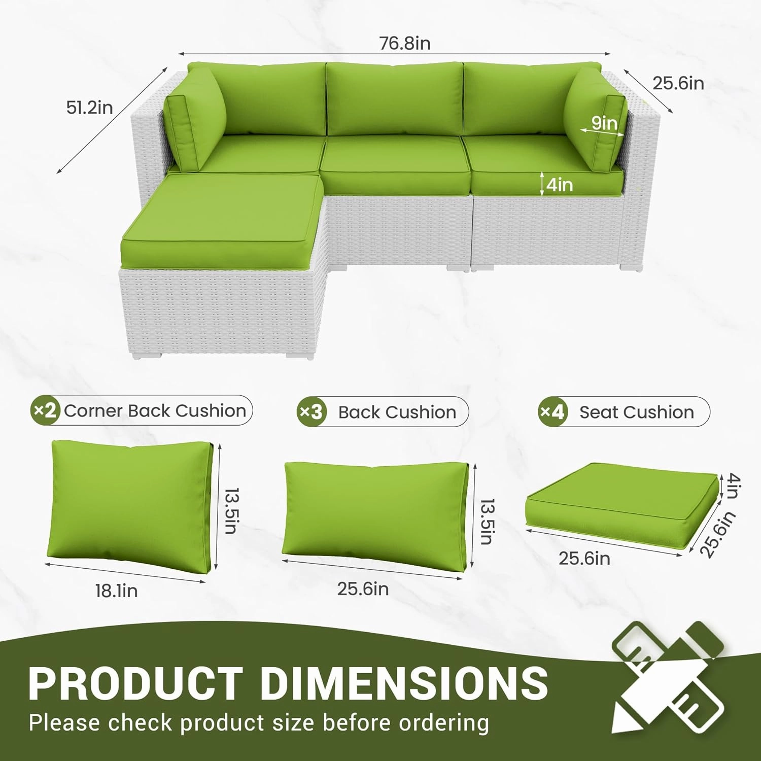 Amopatio Outdoor Cushions, Patio Furniture Replacement Cushions, Cushions for Outdoor Furniture, Waterproof & Fade Resistant(Cushion Cores & Covers, Green)