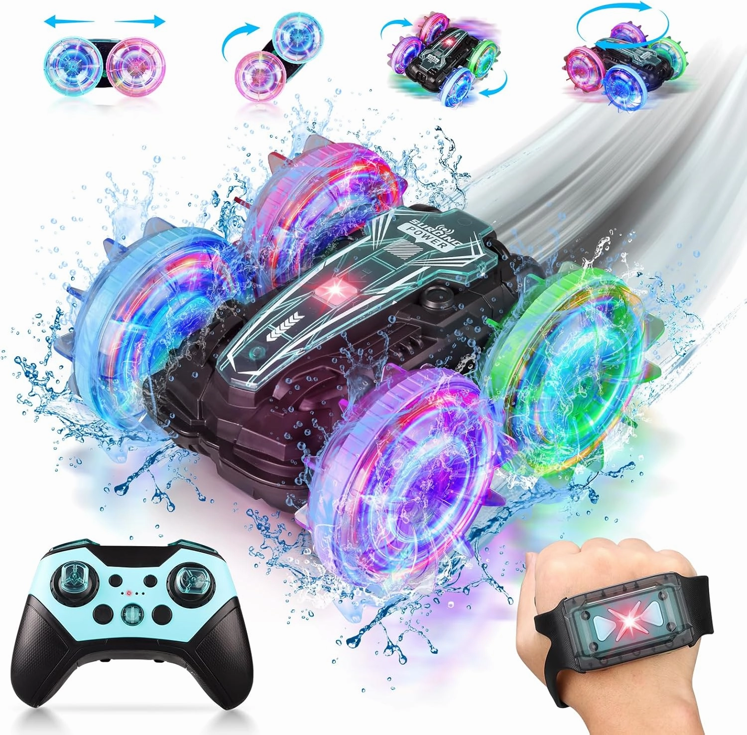Amphibious Remote Control Car for Kids Ages 5-13, 2.4GHz Rechargeable RC Boat&Car with 360° Rotation, LCD Display, Gesture Control, Toys Gifts for Boys Girls
