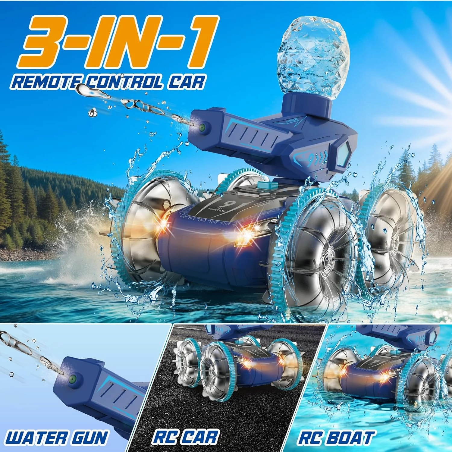 Amphibious Remote Control Car Toy for Kids 4 5 6 7 8: RC Cars for Boys Age 8-12 with Water Gun RC Gesture Stunt Cars Remote Control Boat for Kid Ages 4-8, Great for Beach and Pool Play, Blue
