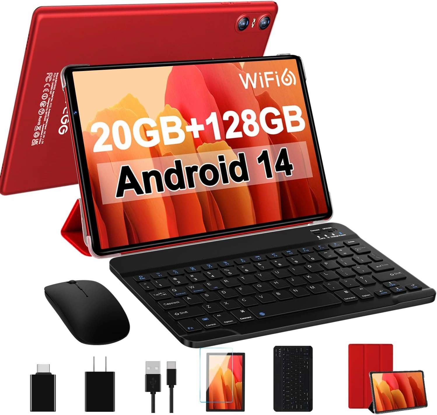 Android 14 Tablet 10.1 inch Tablets,20GB RAM 128GB ROM 1TB Expand,Octa-Core Processor,Dual Camera,WiFi 6,Bluetooth 5.0,6000mAh Long Battery Life with Keyboard/Mouse-Red
