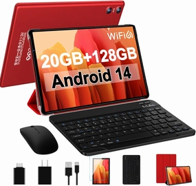 Android 14 Tablet 10.1 inch Tablets,20GB RAM 128GB ROM 1TB Expand,Octa-Core Processor,Dual Camera,WiFi 6,Bluetooth 5.0,6000mAh Long Battery Life with Keyboard/Mouse-Red