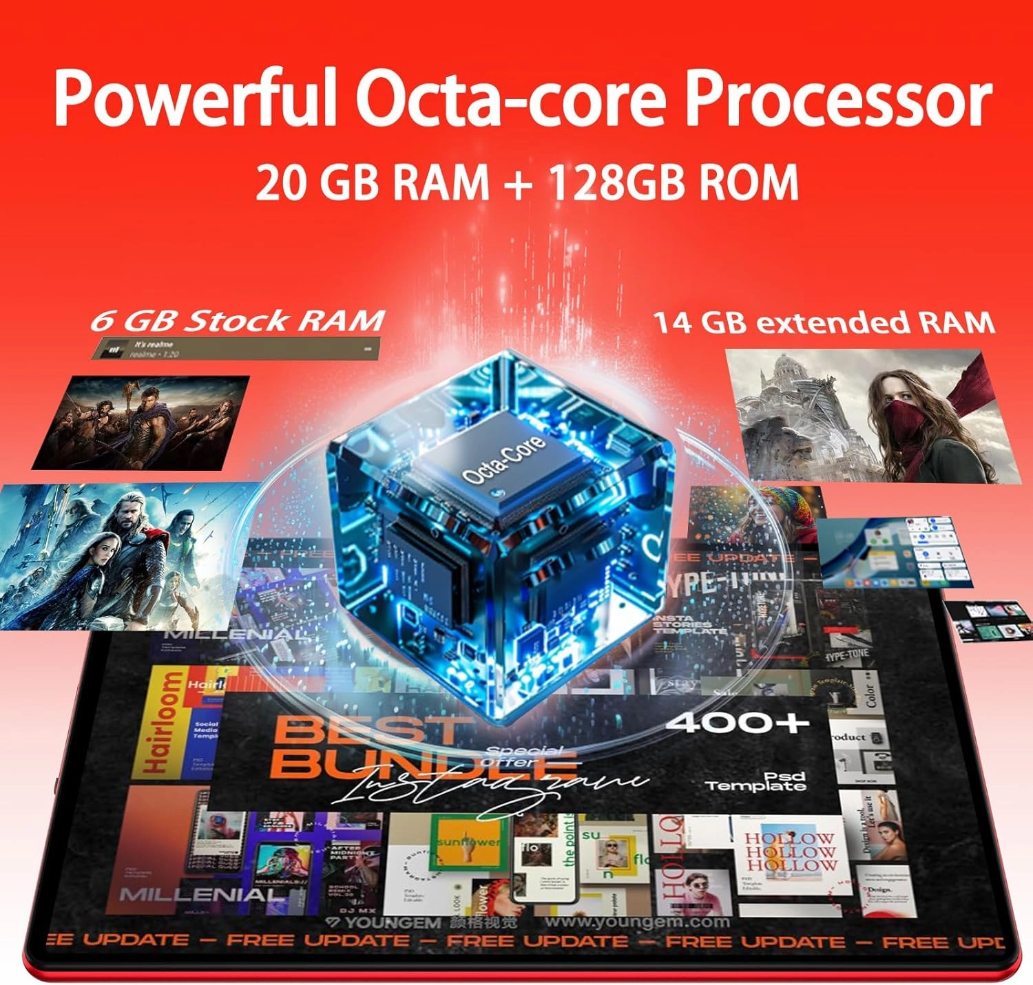 Android 14 Tablet 10.1 inch Tablets,20GB RAM 128GB ROM 1TB Expand,Octa-Core Processor,Dual Camera,WiFi 6,Bluetooth 5.0,6000mAh Long Battery Life with Keyboard/Mouse-Red