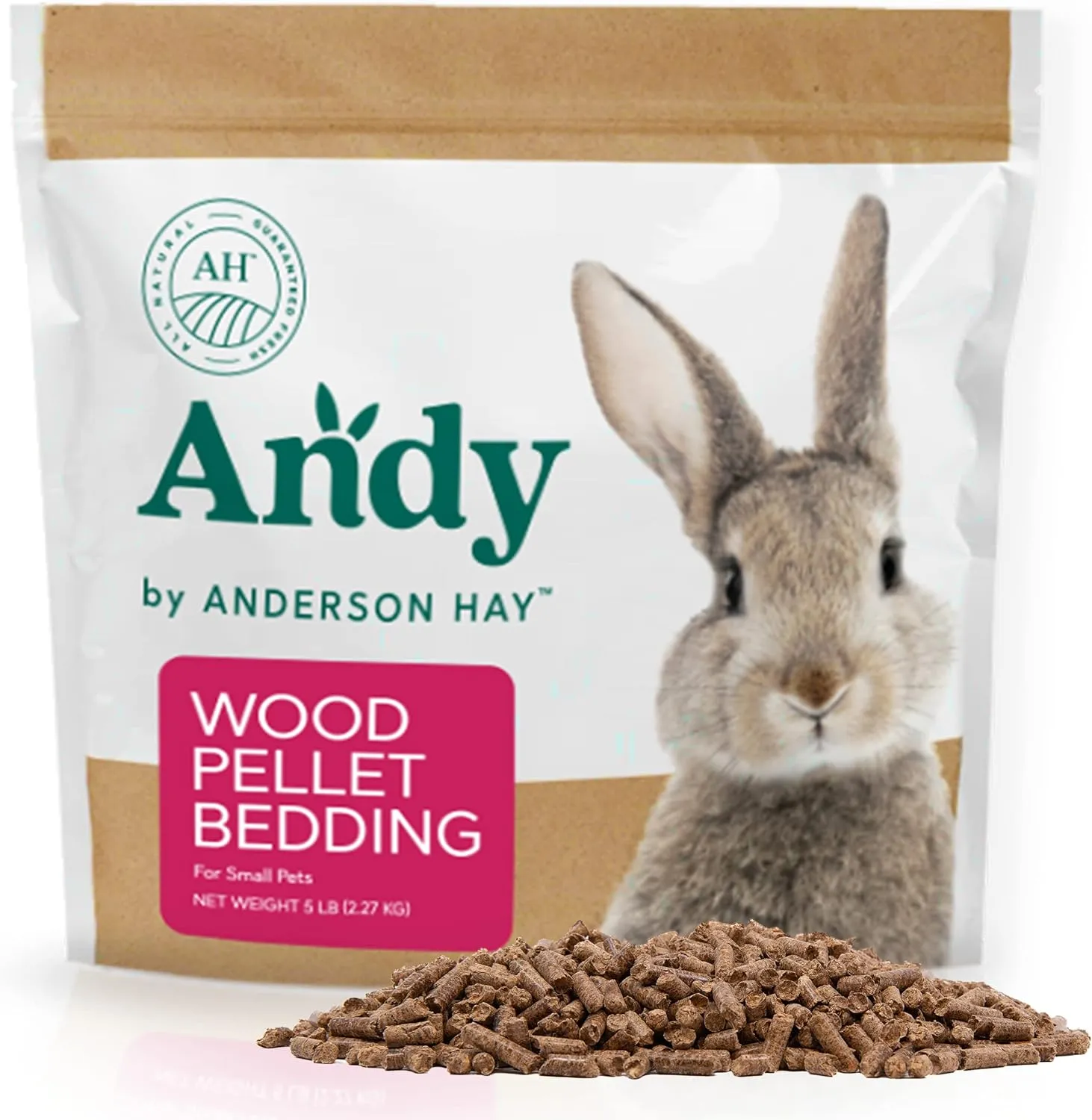 Andy Wood Pellet Bedding, 5 lb Bag, Premium Pine Pellets for Rabbits & Guinea Pig Bedding, Small Pets, Hamster, & Rabbit Litter