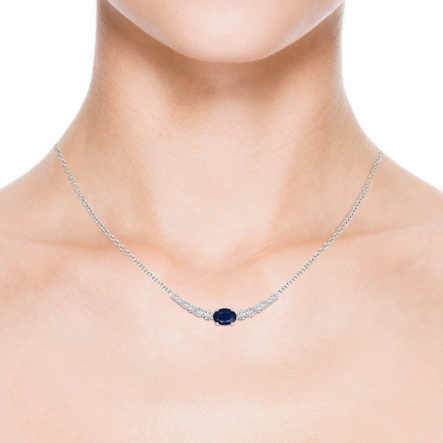 Angara Natural East-West Oval Sapphire Curved Bar Necklace with Diamonds in 14K Solid Gold/Platinum / 18K Solid Gold for Women | September Birthstone, Birthday, Anniversary Jewelry Gift for Women