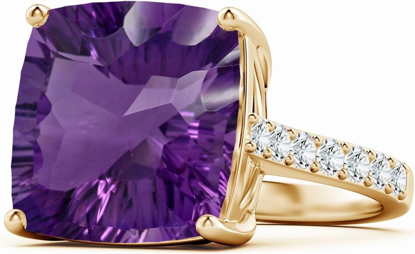 Angara Natural GIA Certified Cushion 13.07 ct Amethyst Cocktail Ring with Diamonds in 14K Solid Gold/Platinum for Women | February Birthstone Jewelry for Women