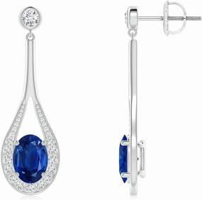 ANGARA Natural Oval Blue Sapphire Long Drop Earrings with Diamond in 14K Solid Gold/Platinum | September Birthstone, Birthday, Engagement, Anniversary, Wedding Jewelry Gift for Women