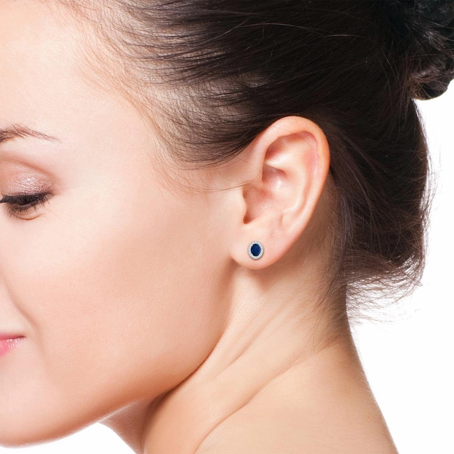 ANGARA Natural Oval Blue Sapphire Studs with Diamond Halo in 14K Solid Gold/Platinum | September Birthstone, Birthday, Engagement, Anniversary, Wedding Jewelry Gift for Women