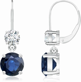 ANGARA Natural Round Blue Sapphire Leverback Dangle Earrings with Diamond in 14K Solid Gold/Platinum | September Birthstone, Birthday, Engagement, Anniversary, Wedding Jewelry Gift for Women