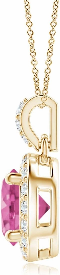 Angara Natural Round Pink Sapphire Dangle Pendant with Diamond Halo in 14K Solid Gold/Platinum | Birthday, Engagement, Anniversary, Wedding Jewelry Gift for Women