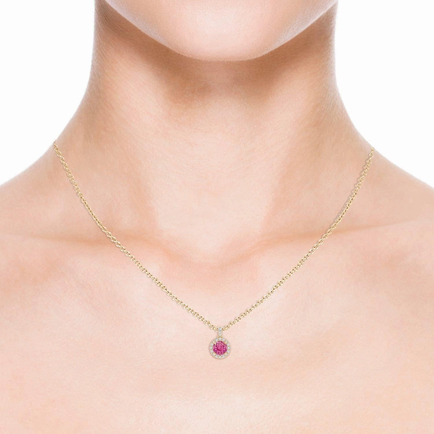 Angara Natural Round Pink Sapphire Dangle Pendant with Diamond Halo in 14K Solid Gold/Platinum | Birthday, Engagement, Anniversary, Wedding Jewelry Gift for Women