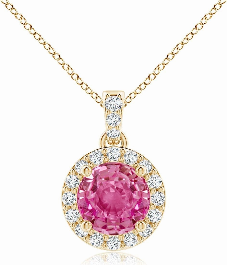 Angara Natural Round Pink Sapphire Dangle Pendant with Diamond Halo in 14K Solid Gold/Platinum | Birthday, Engagement, Anniversary, Wedding Jewelry Gift for Women