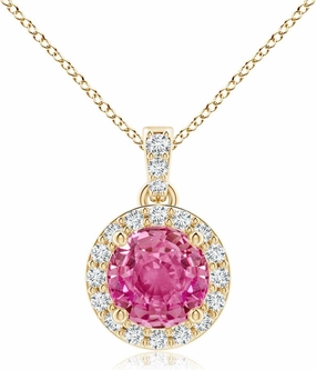 Angara Natural Round Pink Sapphire Dangle Pendant with Diamond Halo in 14K Solid Gold/Platinum | Birthday, Engagement, Anniversary, Wedding Jewelry Gift for Women