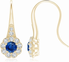 ANGARA Natural Sapphire and Diamond Halo Fish Hook Earrings with Milgrain in Silver / 14K Solid Gold/Platinum | September Birthstone, Birthday, Engagement, Anniversary Jewelry Gift for Women