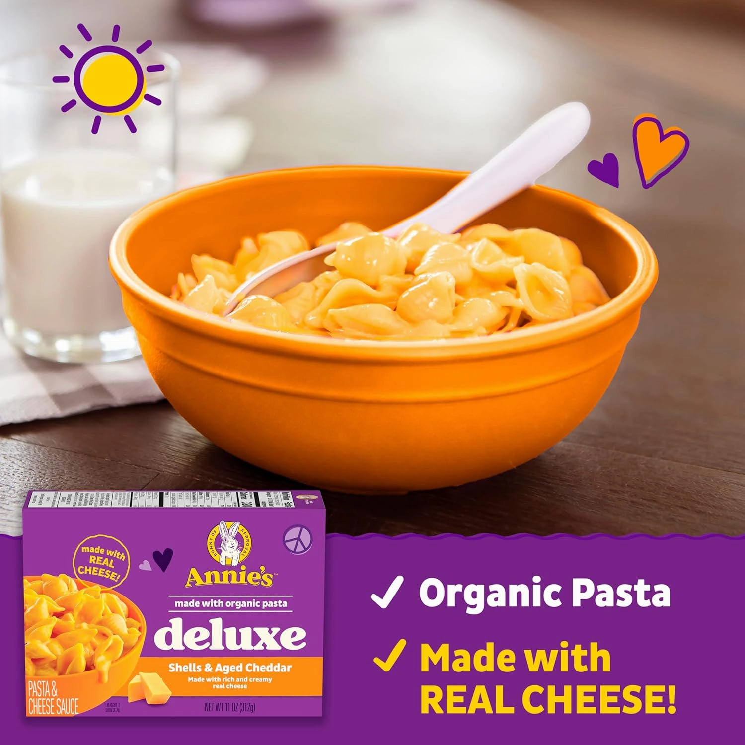 Annie's Deluxe Shells and Aged Cheddar, Pasta and Cheese Sauce, Mac and Cheese Made with Organic Pasta, Dinner Side or Snacks, 11 oz (Pack of 12)
