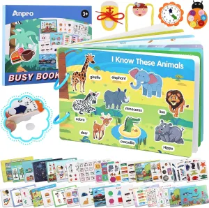 Anpro Montessori Busy Book with Felt Toys, Preschool Learning Activities with 20 Themes Learning & Coloring Books, 4 Felt Toys, Airplane Car Travel Toy Birthday Gift for Boys Girls, ACANML0101-1-AP