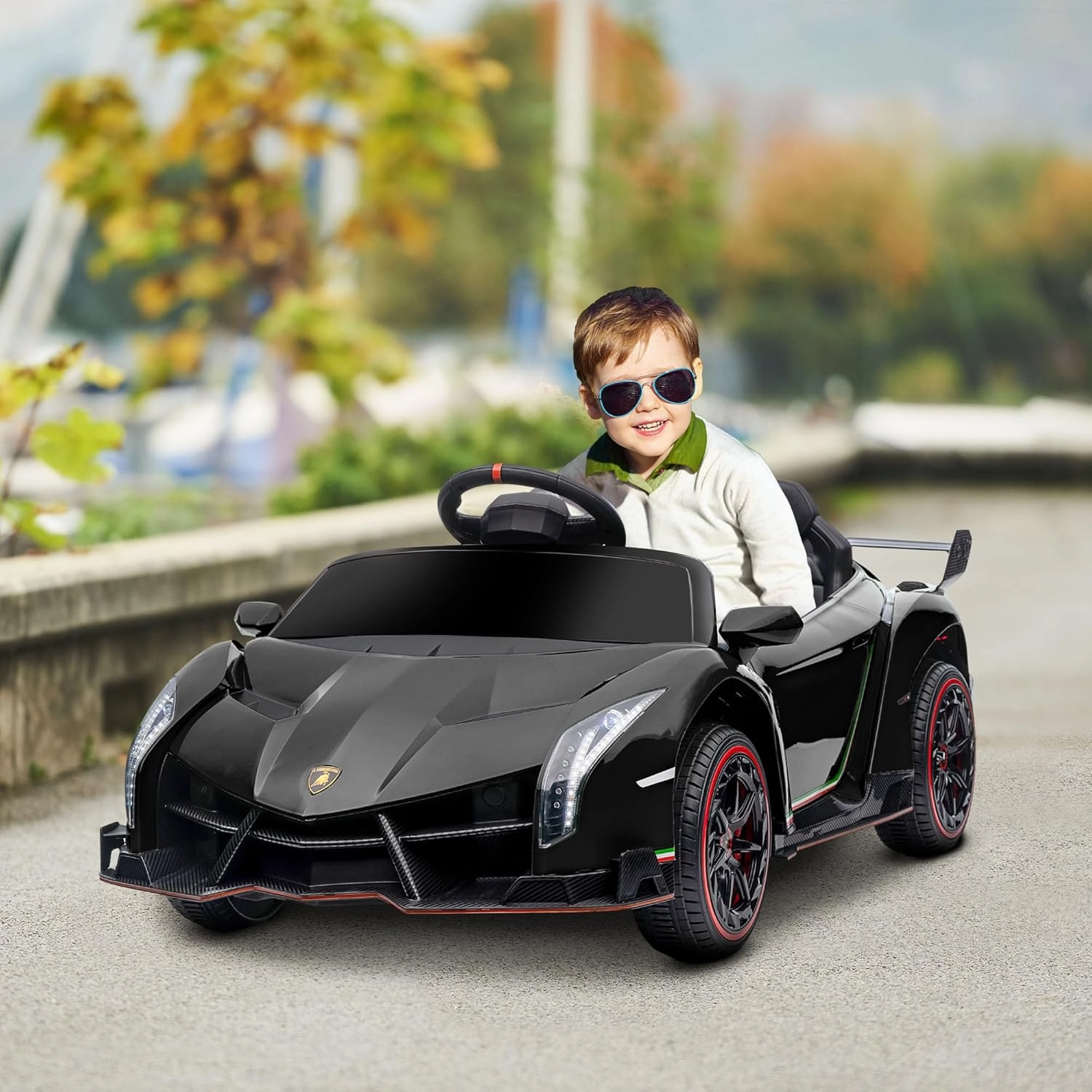 Aosom Lamborghini Veneno Licensed Kids Electric Car with Bluetooth, 12V Ride on Car with Butterfly Doors, Remote Control, Portable Battery, Suspension System, Horn, Songs, Lights, Black