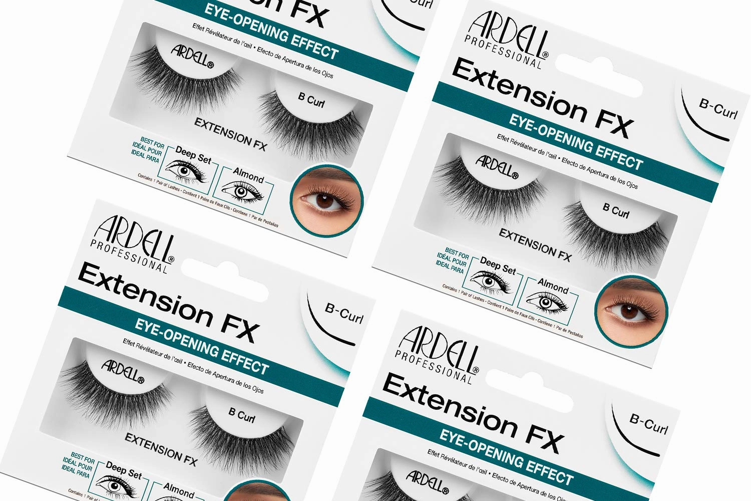 Ardell Lash Extension FX B Curl False Eyelashes, Eye-Opening Effect, Reusable Strip Lashes, 4 Pack