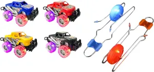 ArtCreativity Light Up Monster Trucks for Boys and Girls, 4-Pack Toy Truck Set & 2 Gyro Wheels Rail Twisters, Kids Classic Vintage Nostalgia Yoyo Sensory Fidget Toys, Christmas Stuffers