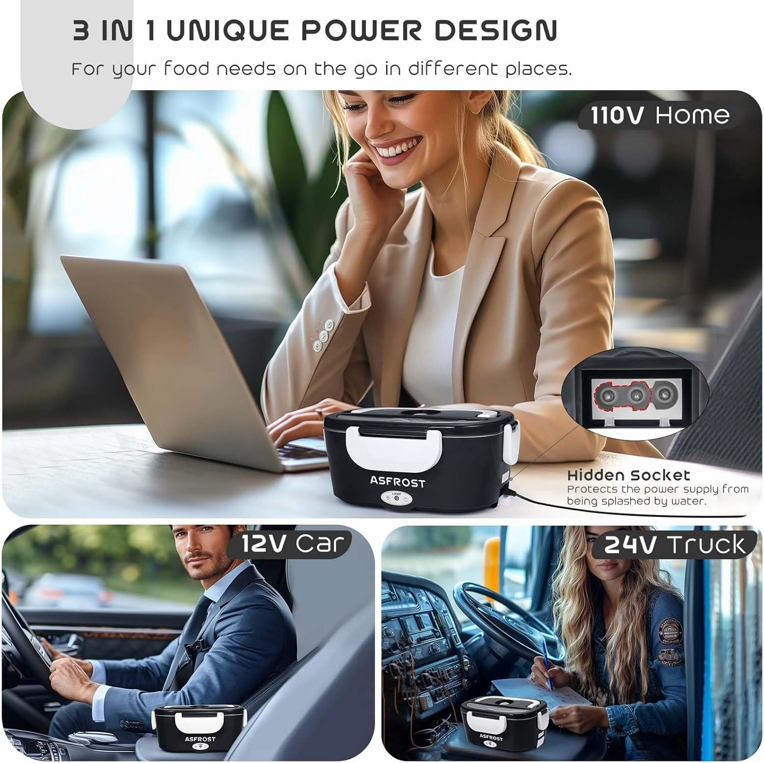 AsFrost 3 IN 1 Electric Lunch Box for Car/Truck Home/Work(12V/24V/110V), 80W Faster Heated Food Warmer for Adults, Portable & Leakproof Electric Food Lunch Box with 1.5L 0.45L Food Container-Black