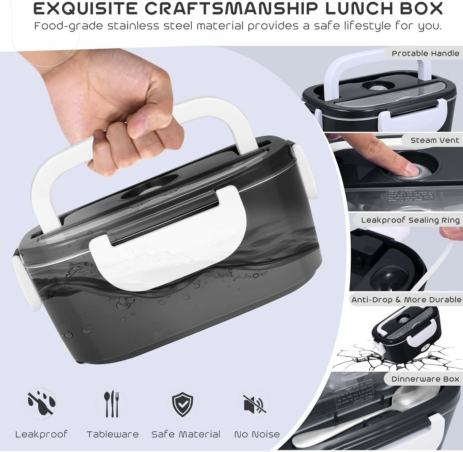 AsFrost 3 IN 1 Electric Lunch Box for Car/Truck Home/Work(12V/24V/110V), 80W Faster Heated Food Warmer for Adults, Portable & Leakproof Electric Food Lunch Box with 1.5L 0.45L Food Container-Black