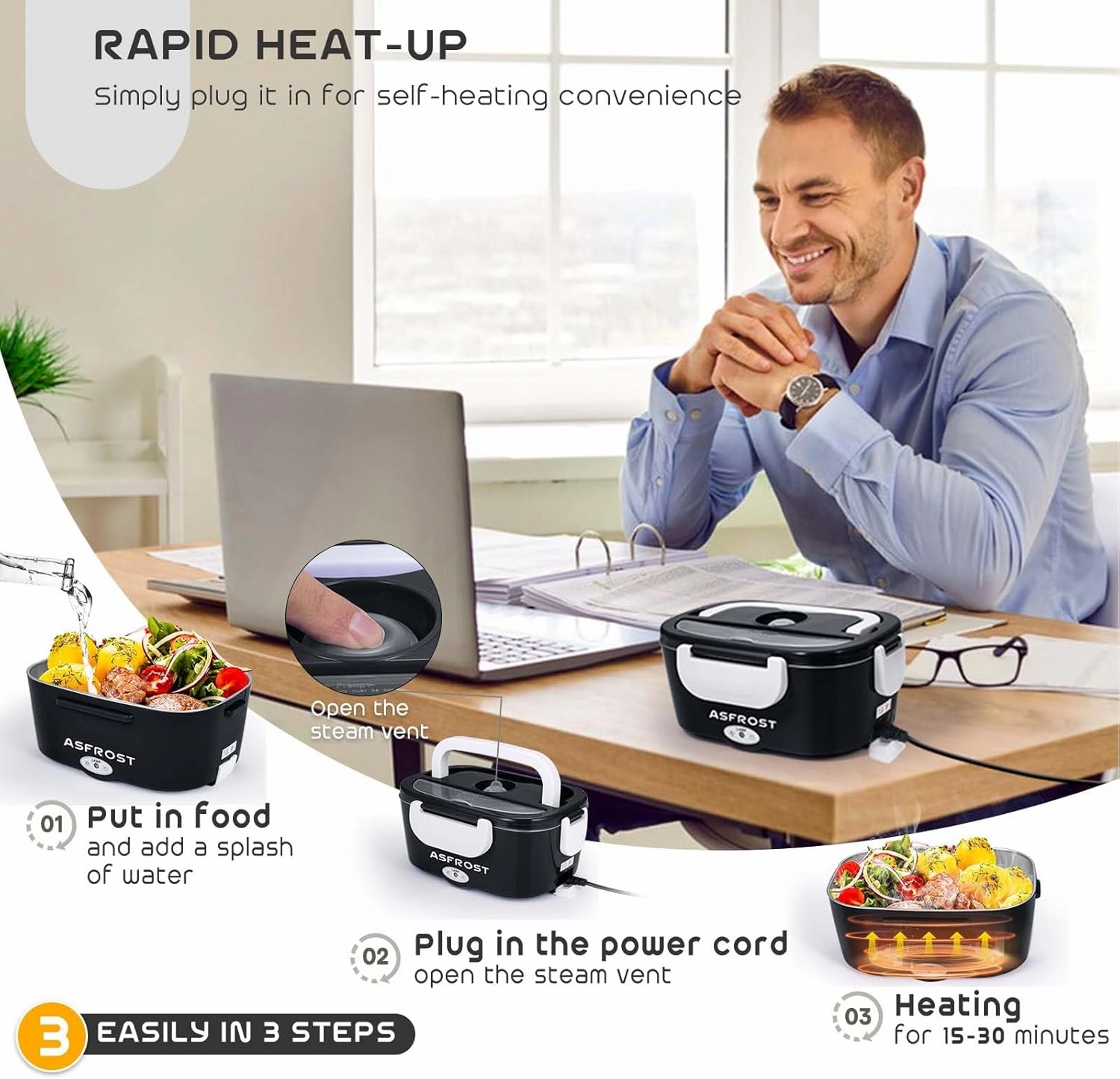 AsFrost 3 IN 1 Electric Lunch Box for Car/Truck Home/Work(12V/24V/110V), 80W Faster Heated Food Warmer for Adults, Portable & Leakproof Electric Food Lunch Box with 1.5L 0.45L Food Container-Black