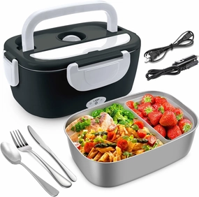 AsFrost 3 IN 1 Electric Lunch Box for Car/Truck Home/Work(12V/24V/110V), 80W Faster Heated Food Warmer for Adults, Portable & Leakproof Electric Food Lunch Box with 1.5L 0.45L Food Container-Black