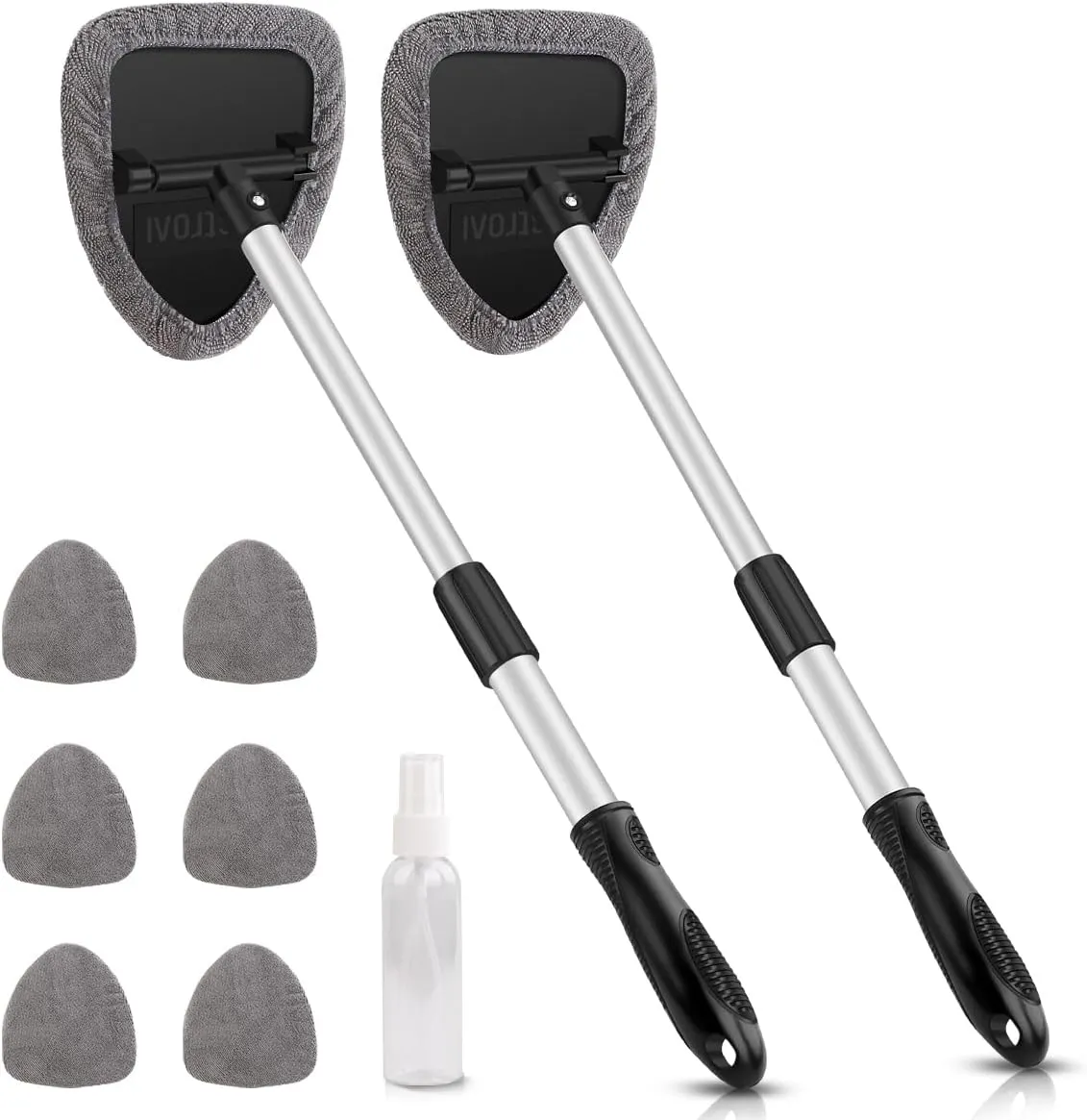 AstroAI Windshield Cleaning Tool, Car Window Cleaner Windshield Cleaner with 8 Reusable and Washable Microfiber Pads and Extendable Handle Auto Inside Glass Wiper Kit, Gray, 2 Pack