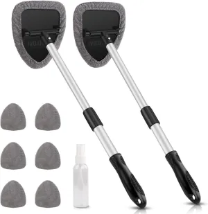 AstroAI Windshield Cleaning Tool, Car Window Cleaner Windshield Cleaner with 8 Reusable and Washable Microfiber Pads and Extendable Handle Auto Inside Glass Wiper Kit, Gray, 2 Pack