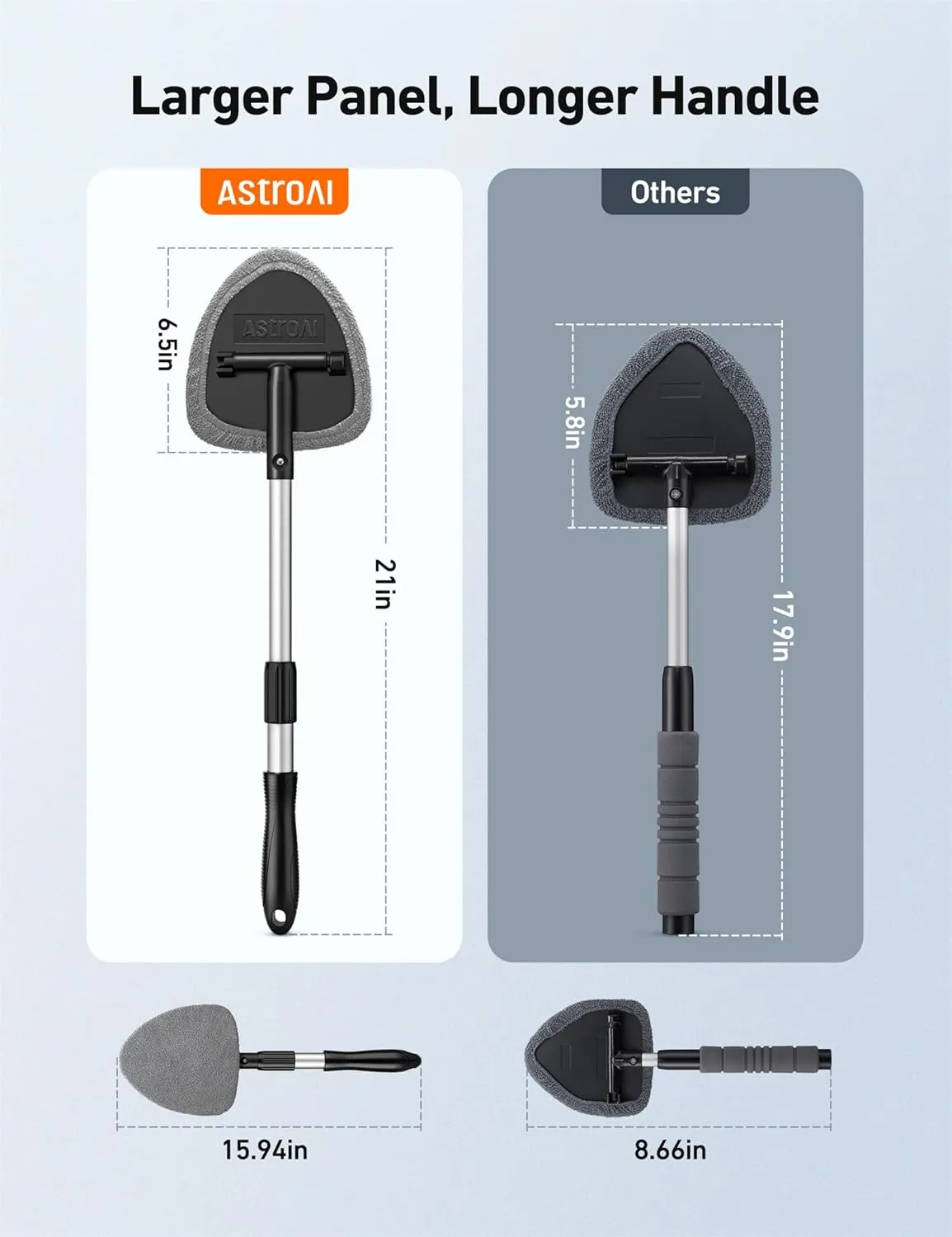 AstroAI Windshield Cleaning Tool, Car Window Cleaner Windshield Cleaner with 8 Reusable and Washable Microfiber Pads and Extendable Handle Auto Inside Glass Wiper Kit, Gray, 2 Pack