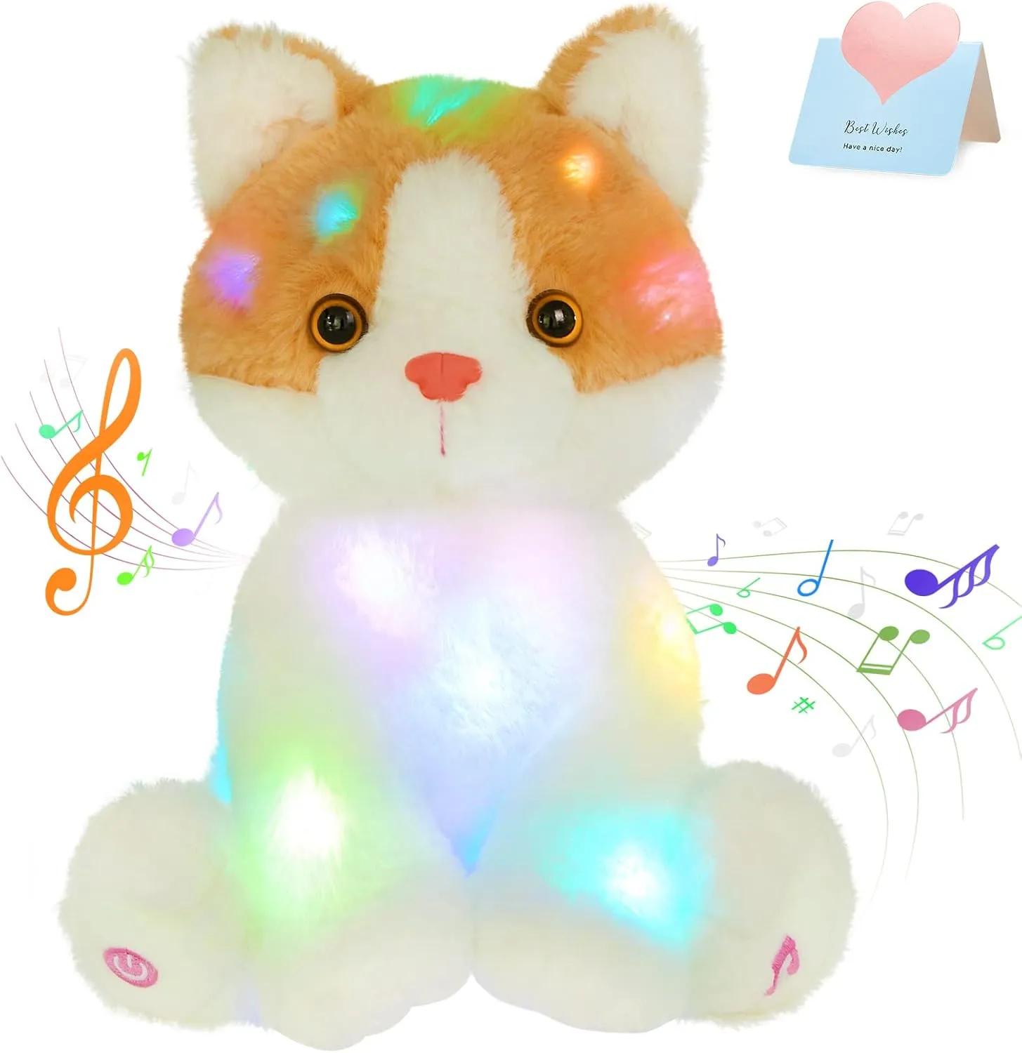 Athoinsu Light up Musical Cat Stuffed Animal LED Glowing in Dark Kitty Plush Toy with Singing Songs Birthday Children's Day Holiday Ideal Gifts for Toddlers Kids, 15''