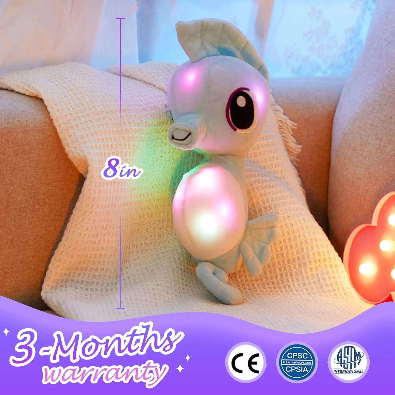 Athoinsu Light up Seahorse Stuffed Animals LED Soft Ocean Life Plush Toy with Night Light Bedtime Pal Children's Day Birthday Gifts for Toddler Kids, 8'' (Blue)
