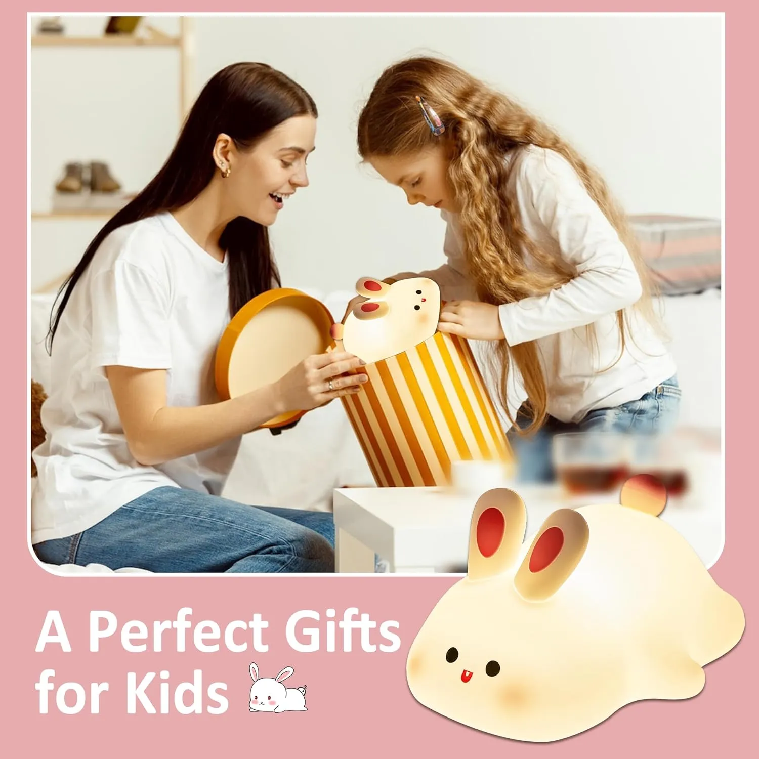 Attivolife Cute Bunny Nursery Light, Rabbit Squishy Silicone Touch Night Lamp Rechargeable, Kawaii Animal Toddler Room Decor Table Lamp, Child Girl Women Birthday Christmas Gift