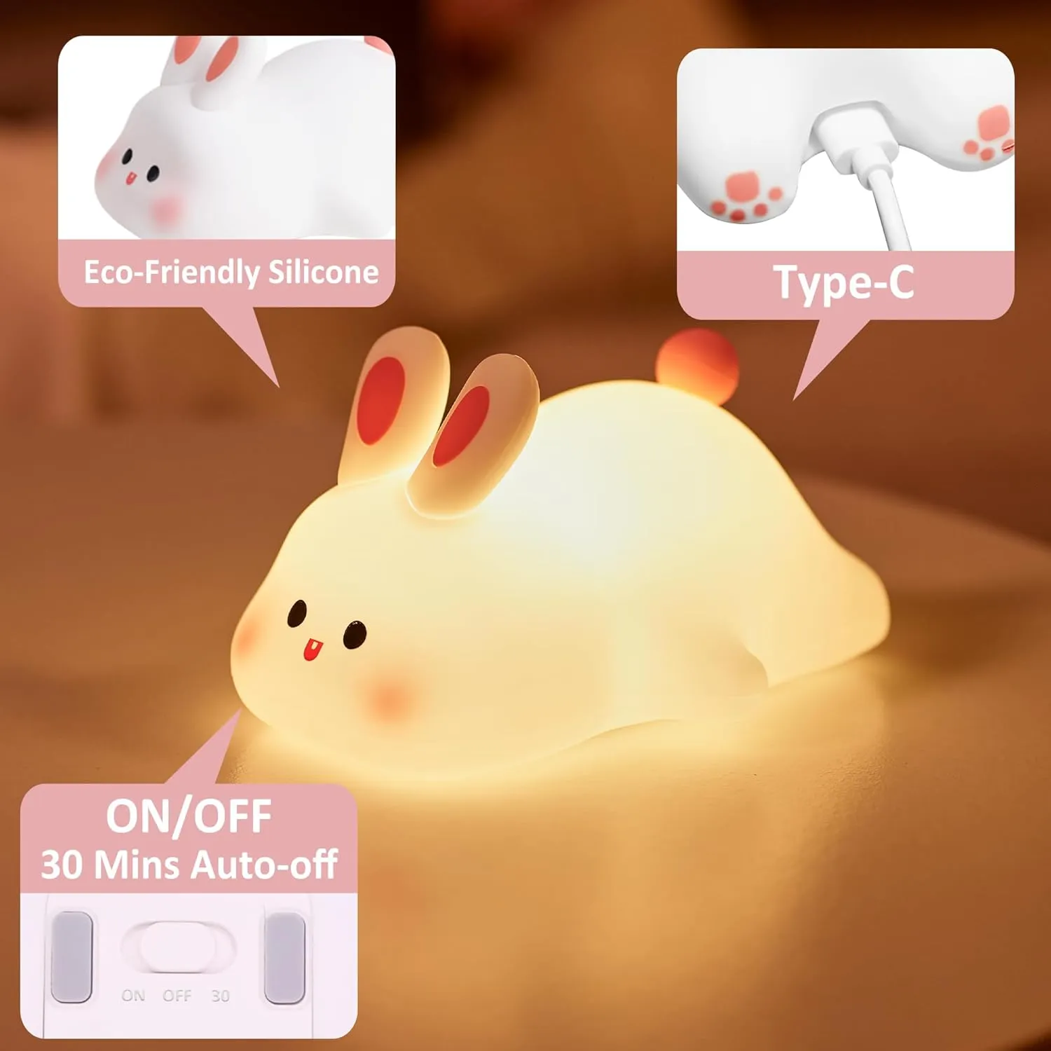Attivolife Cute Bunny Nursery Light, Rabbit Squishy Silicone Touch Night Lamp Rechargeable, Kawaii Animal Toddler Room Decor Table Lamp, Child Girl Women Birthday Christmas Gift