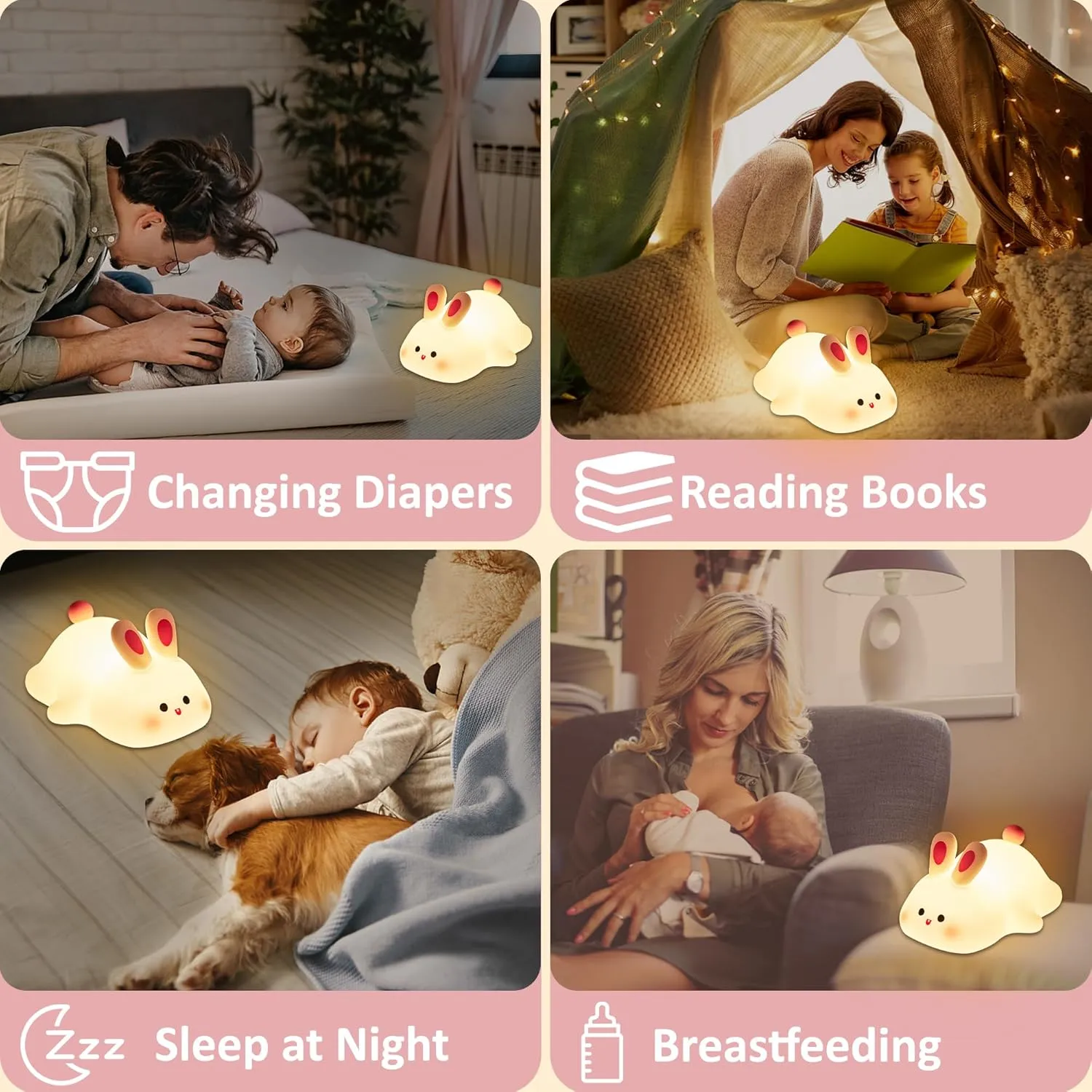 Attivolife Cute Bunny Nursery Light, Rabbit Squishy Silicone Touch Night Lamp Rechargeable, Kawaii Animal Toddler Room Decor Table Lamp, Child Girl Women Birthday Christmas Gift