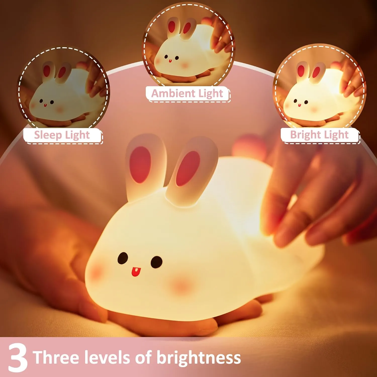 Attivolife Cute Bunny Nursery Light, Rabbit Squishy Silicone Touch Night Lamp Rechargeable, Kawaii Animal Toddler Room Decor Table Lamp, Child Girl Women Birthday Christmas Gift