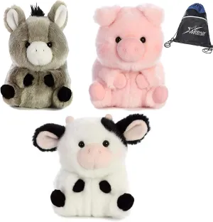 Aurora 5" Plush Rolly Pets Farmyard Plushie 3 Pack: Prankster Pig, Daisy Cow, and Bray Donkey, with Drawstring Bag