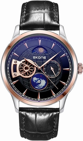Automatic Mechanical Watches for Men Hollow Flywheel Sun Moon Phase 24-Hour Small Second Hand Globe Display Leather Strap Sapphire Crystal Mirror Luxury Gifts for Men