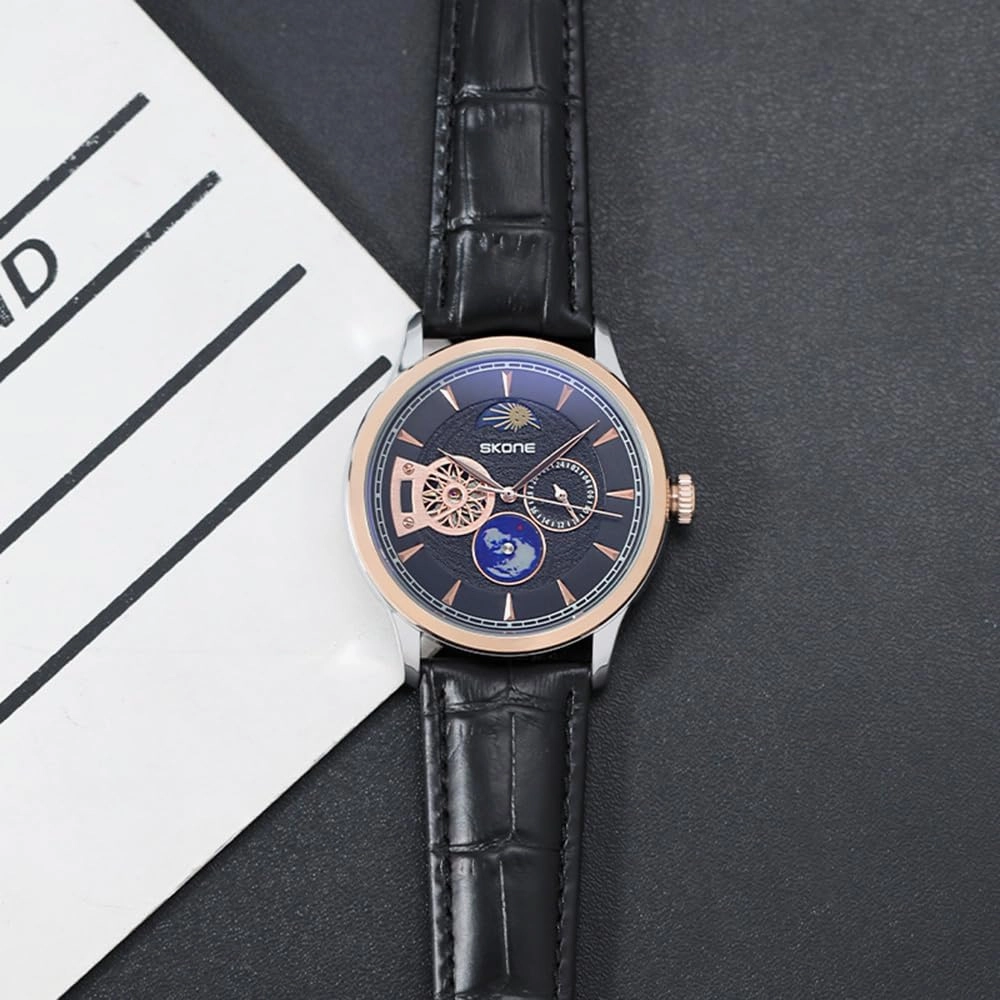 Automatic Mechanical Watches for Men Hollow Flywheel Sun Moon Phase 24-Hour Small Second Hand Globe Display Leather Strap Sapphire Crystal Mirror Luxury Gifts for Men