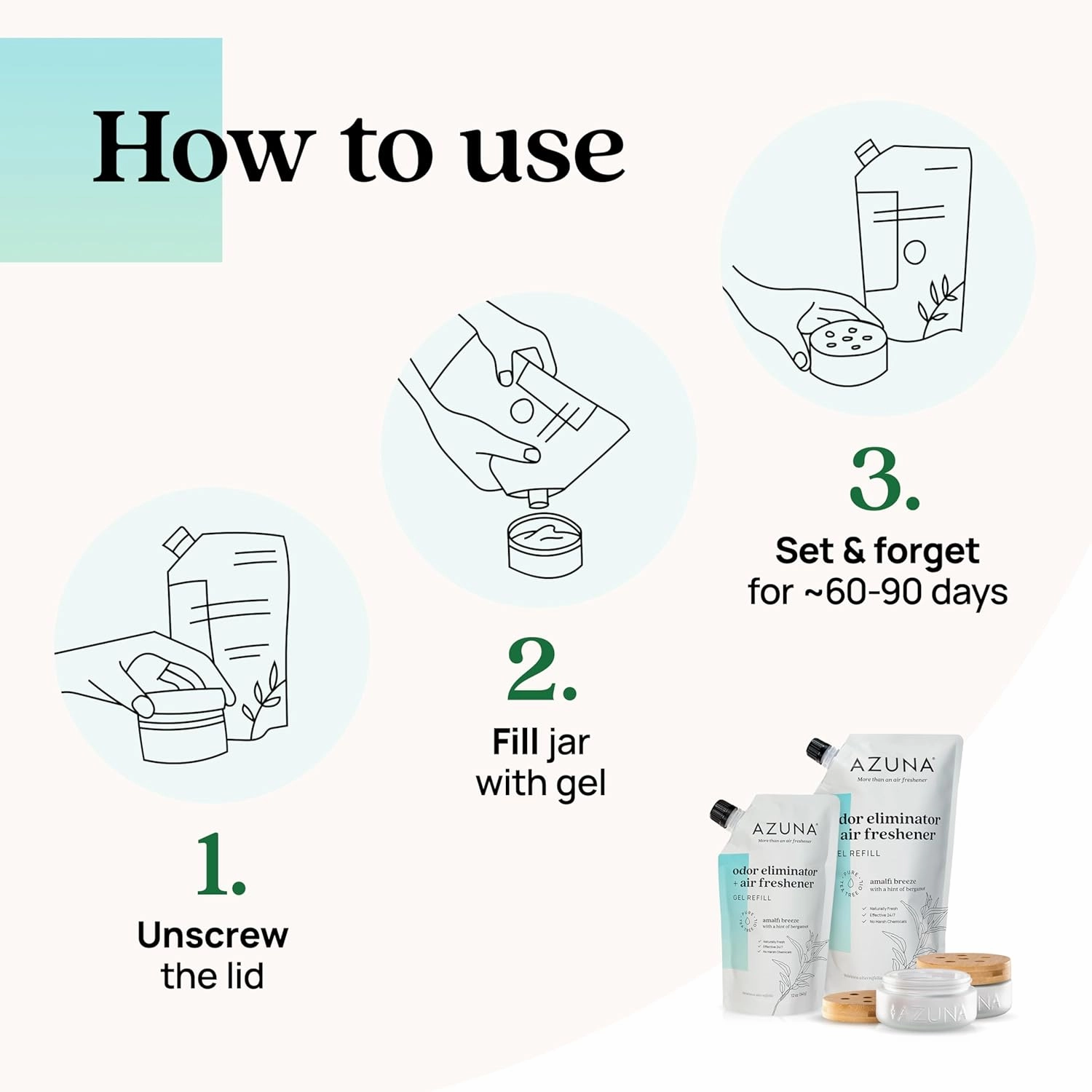 Azuna Air Freshener & Odor Eliminator Gel 4 Room Kit, Includes (4) 8 oz. Empty Luxe Glass Jars & 24 oz. Refill with Tea Tree Essential Oil, Amalfi Breeze, Works 24/7 for 60-90 Days