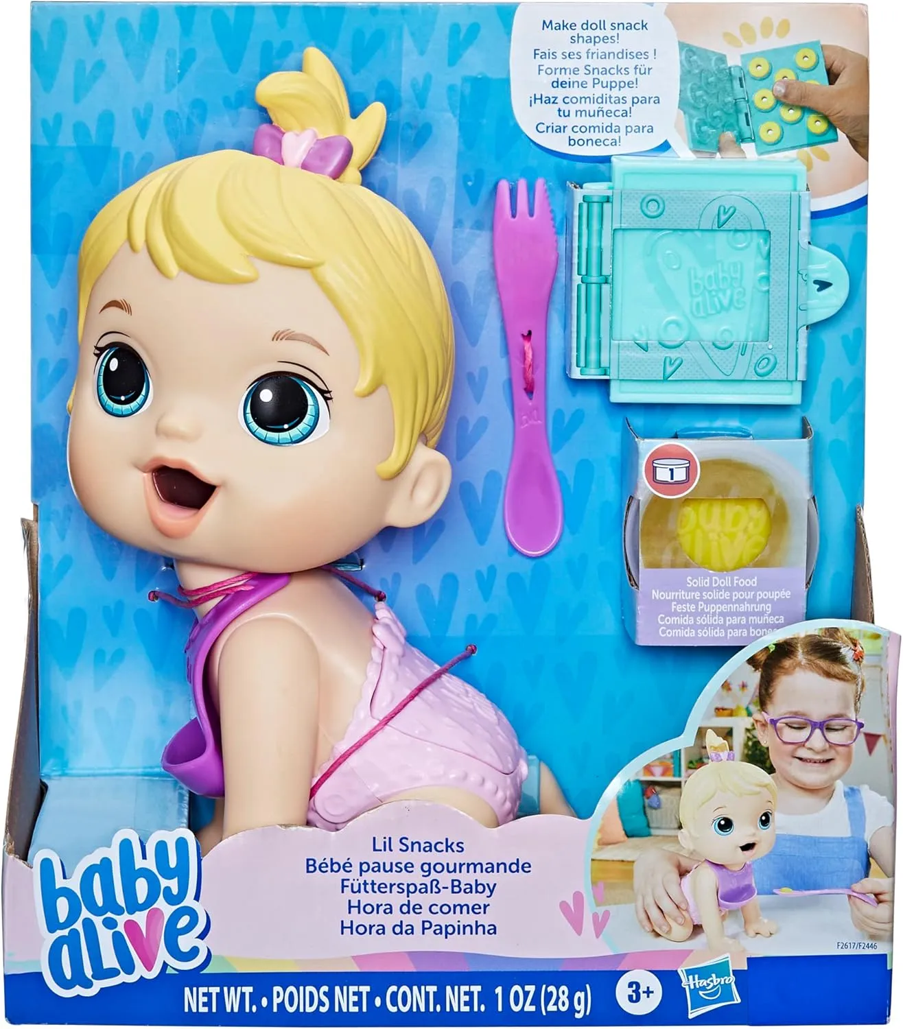 Baby Alive Lil Snacks Doll, Eats and Poops, Snack-Themed 8-Inch Baby Doll, Snack Box Mold, Toy for Kids Ages 3 and Up, Blonde Hair