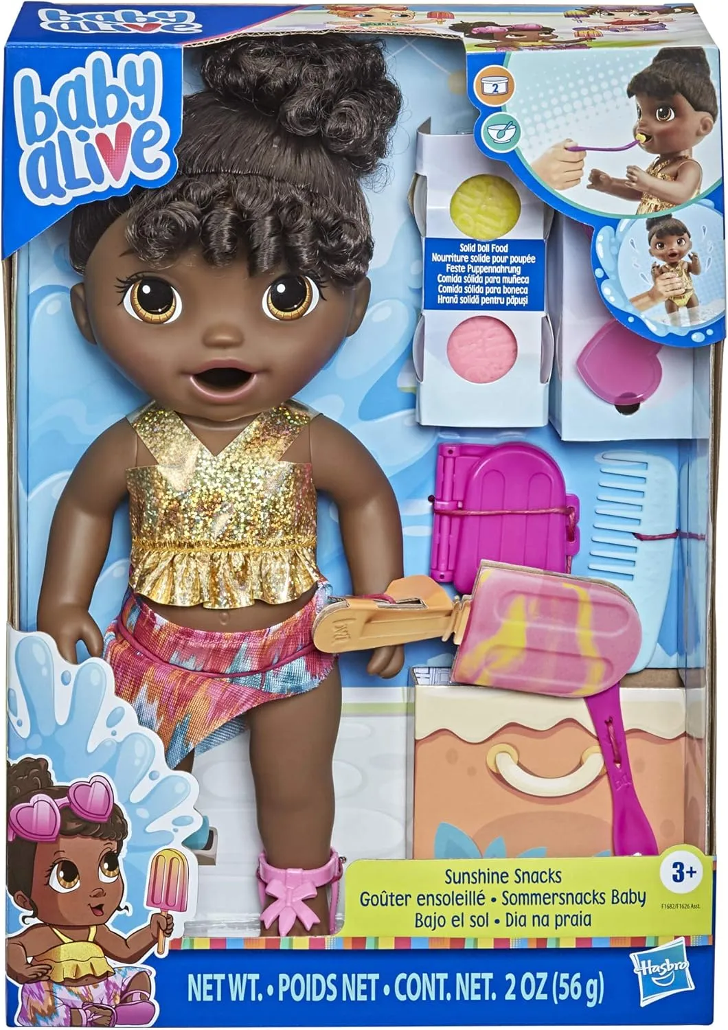 Baby Alive Sunshine Snacks Doll, Eats and Poops, Summer-Themed Waterplay Baby Doll, Ice Pop Mold, Toy for Kids Ages 3 and Up, Black Hair