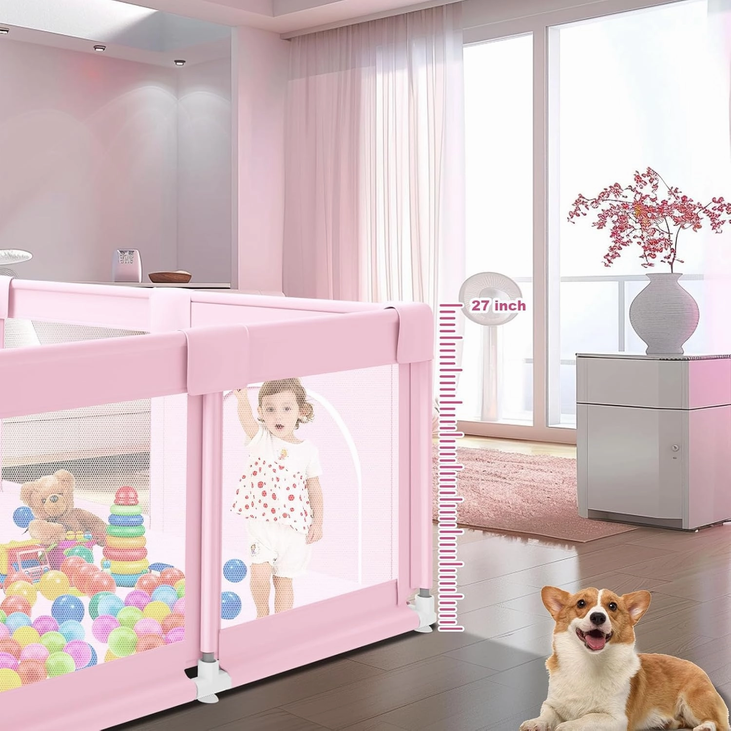 Baby Playpen 74"x50" PlayPen for Babies and Toddlers Pink, Large Play Yards for Indoor & Outdoor with Zipper Gates