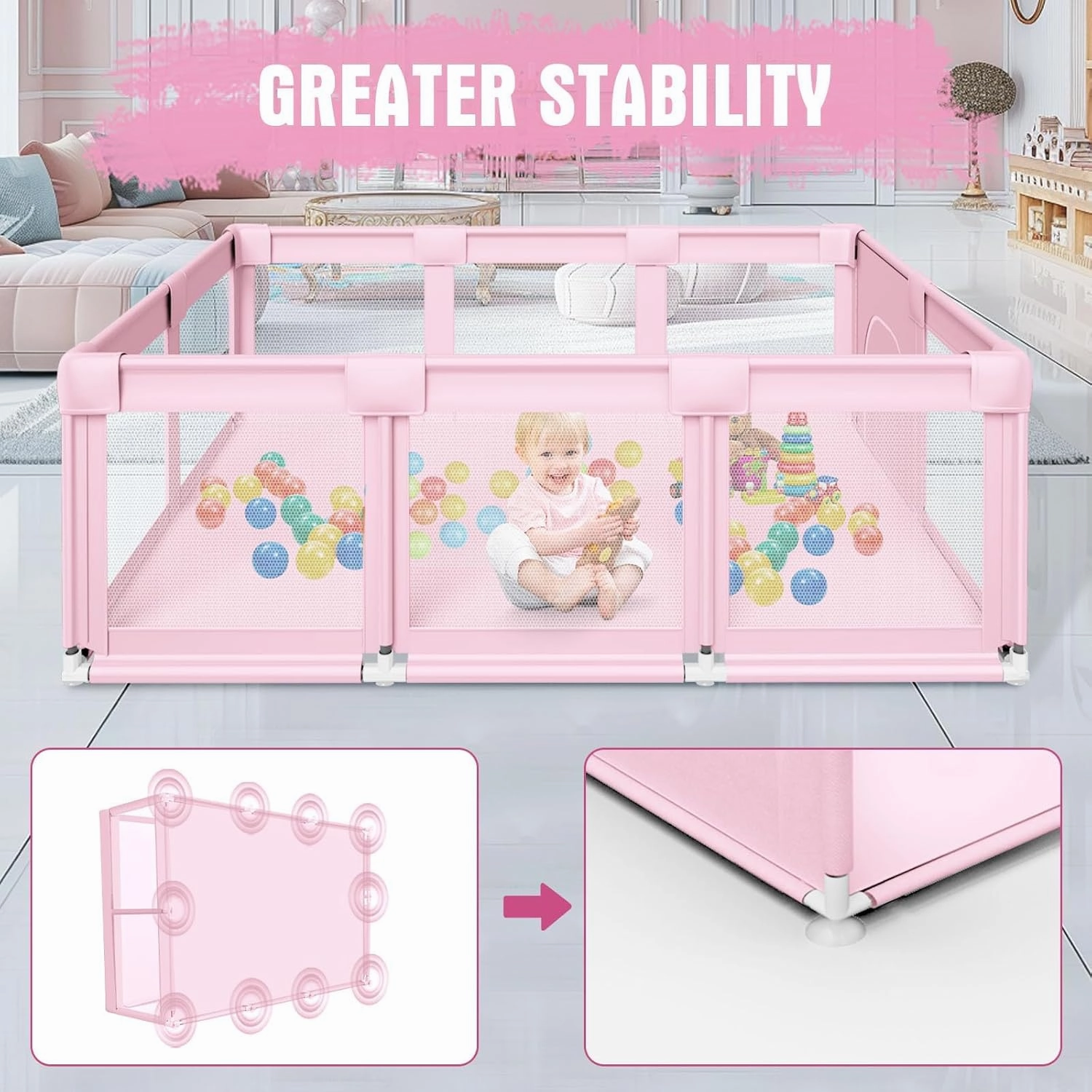 Baby Playpen 74"x50" PlayPen for Babies and Toddlers Pink, Large Play Yards for Indoor & Outdoor with Zipper Gates