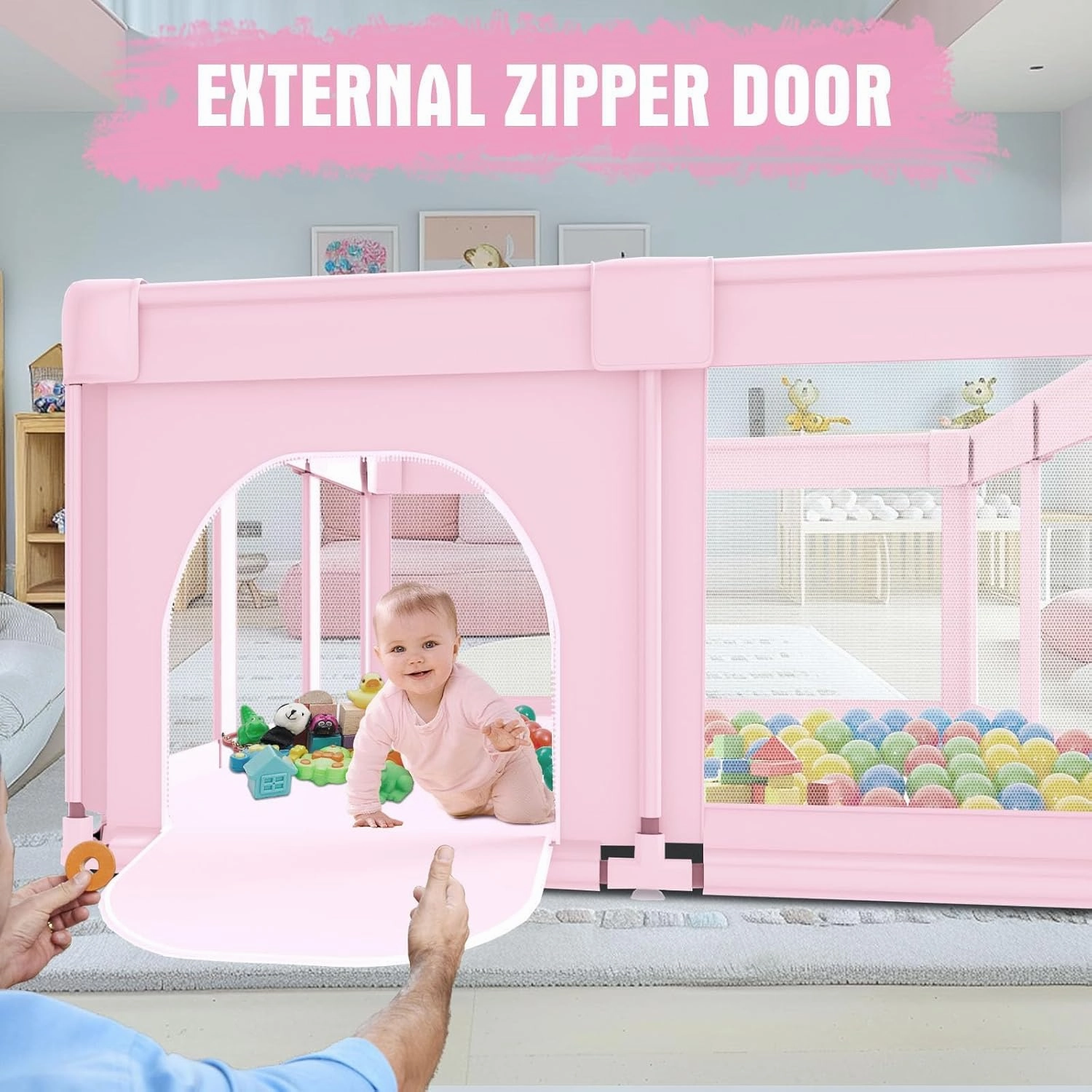 Baby Playpen 74"x50" PlayPen for Babies and Toddlers Pink, Large Play Yards for Indoor & Outdoor with Zipper Gates