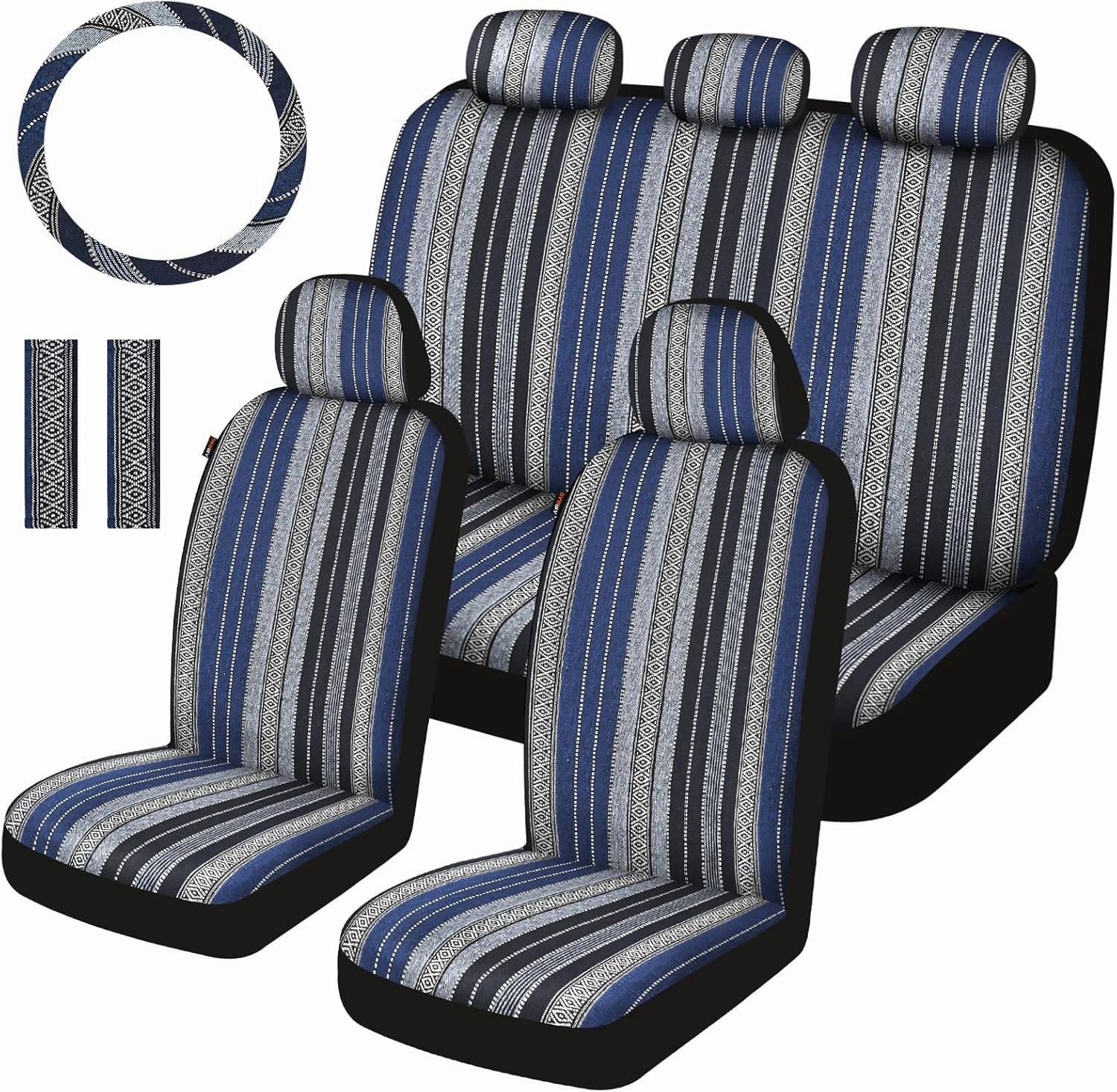 Baja Saddle Blanket Car Seat Covers Full Set with Seat Belt Pads and Steering Wheel Cover, Washable Breathable Striped Woven Cloth Seat Covers for Cars, SUV, Truck, (Blue)