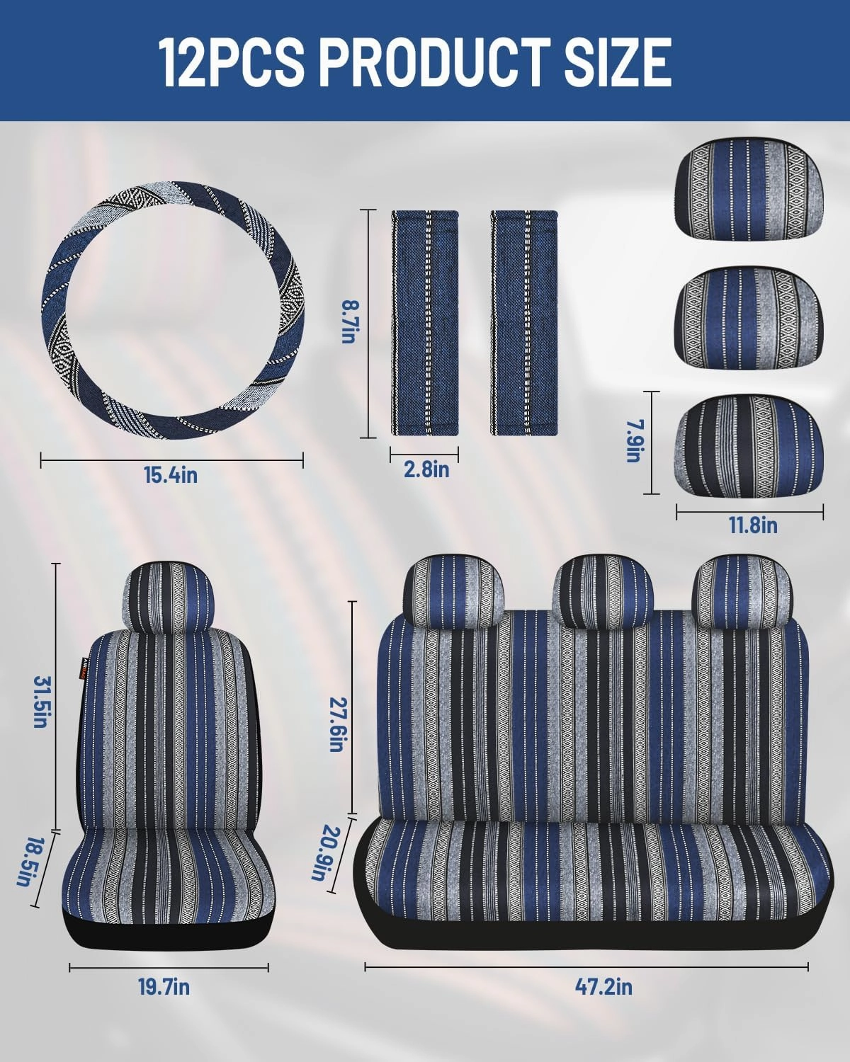 Baja Saddle Blanket Car Seat Covers Full Set with Seat Belt Pads and Steering Wheel Cover, Washable Breathable Striped Woven Cloth Seat Covers for Cars, SUV, Truck, (Blue)