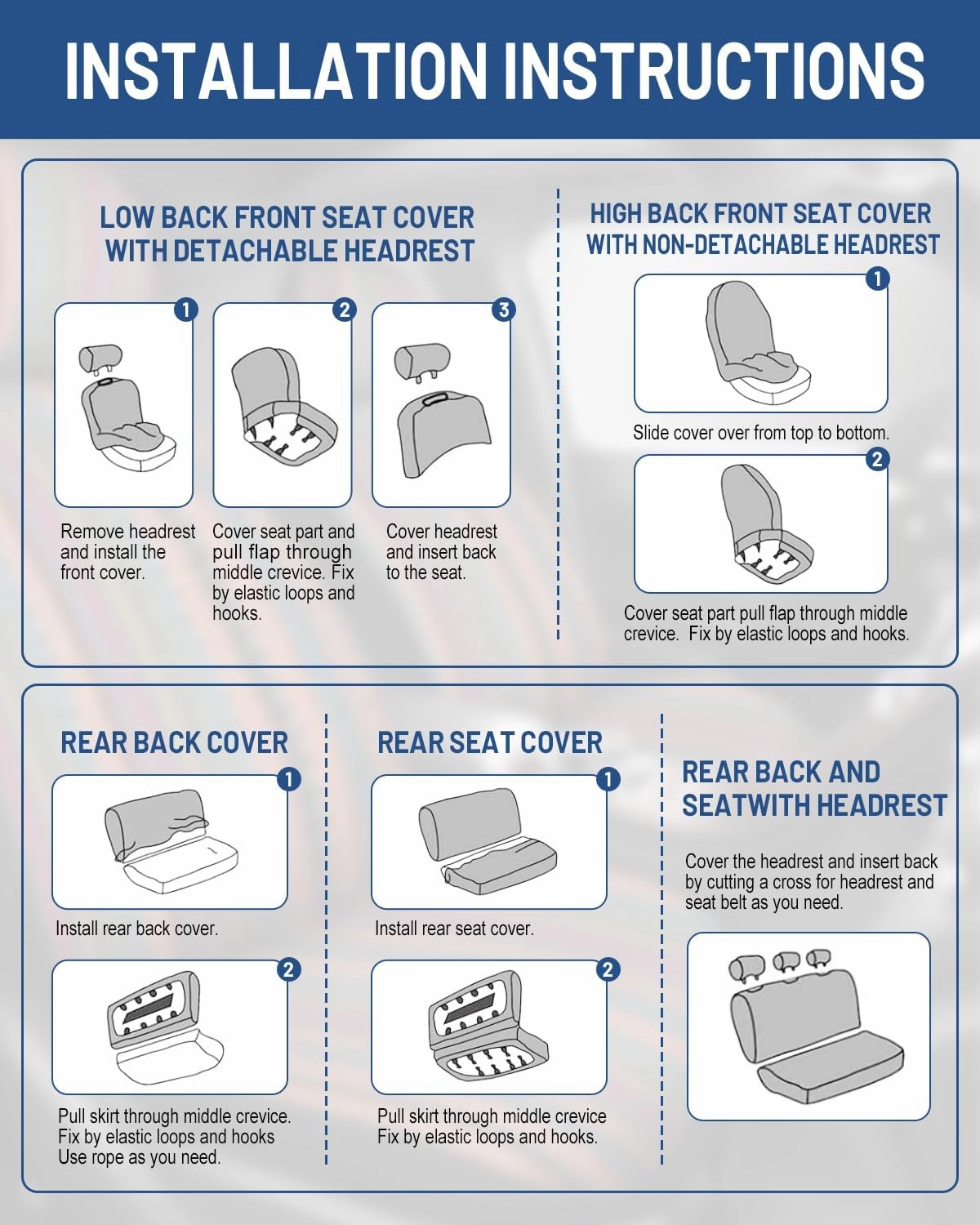 Baja Saddle Blanket Car Seat Covers Full Set with Seat Belt Pads and Steering Wheel Cover, Washable Breathable Striped Woven Cloth Seat Covers for Cars, SUV, Truck, (Blue)